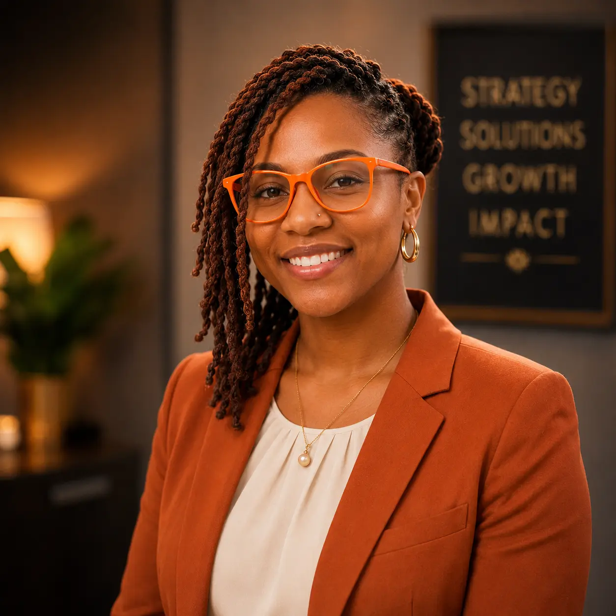 Professional portrait of Jazemon Nichelle Robinson wearing orange glasses and a burnt-orange blazer.